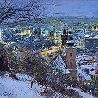 プラハ雪の夜景